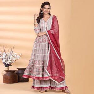 Beige - Red Partywear Floral Embroidered Cotton Palazzo Suit - Peachmode