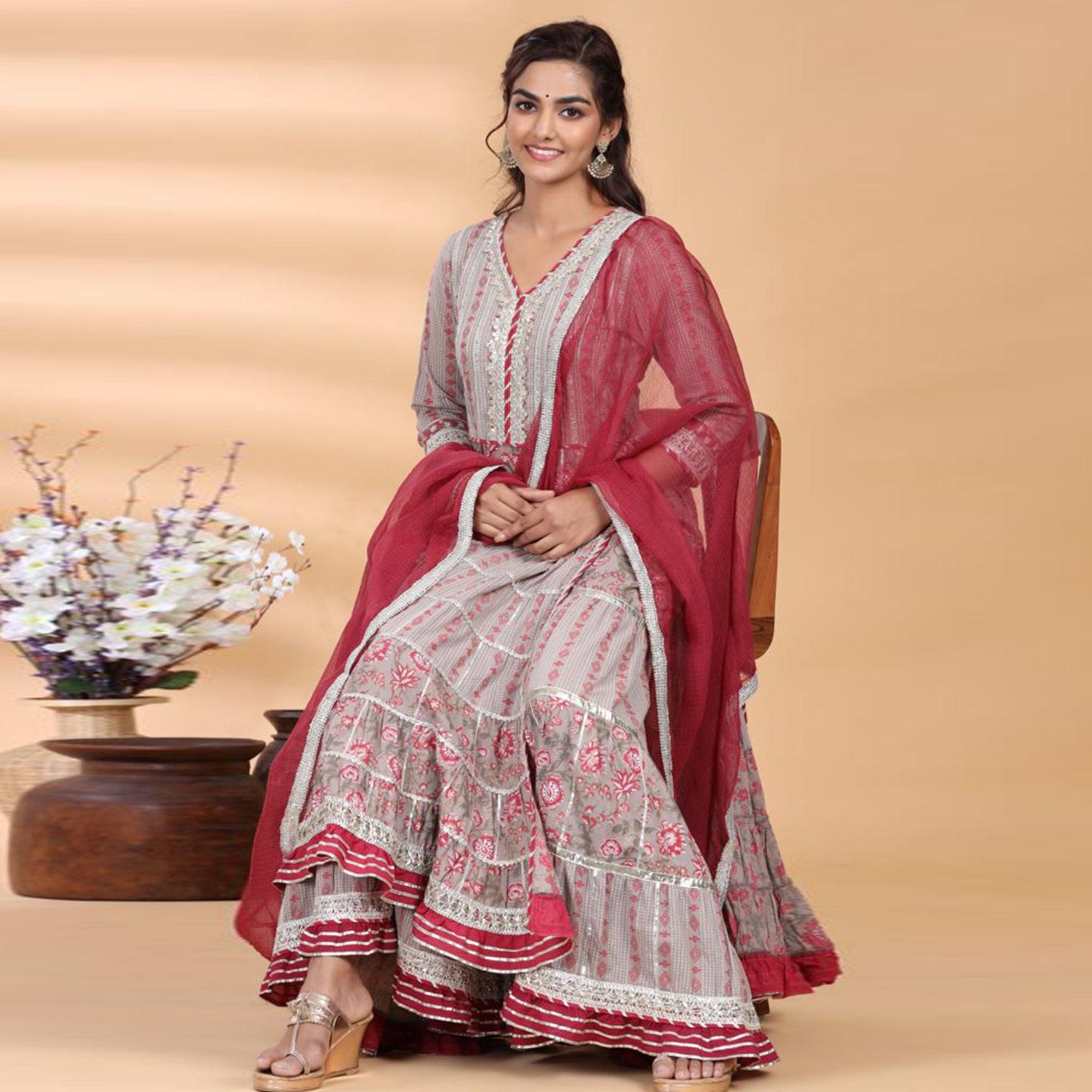 Beige - Red Partywear Floral Embroidered Cotton Palazzo Suit - Peachmode