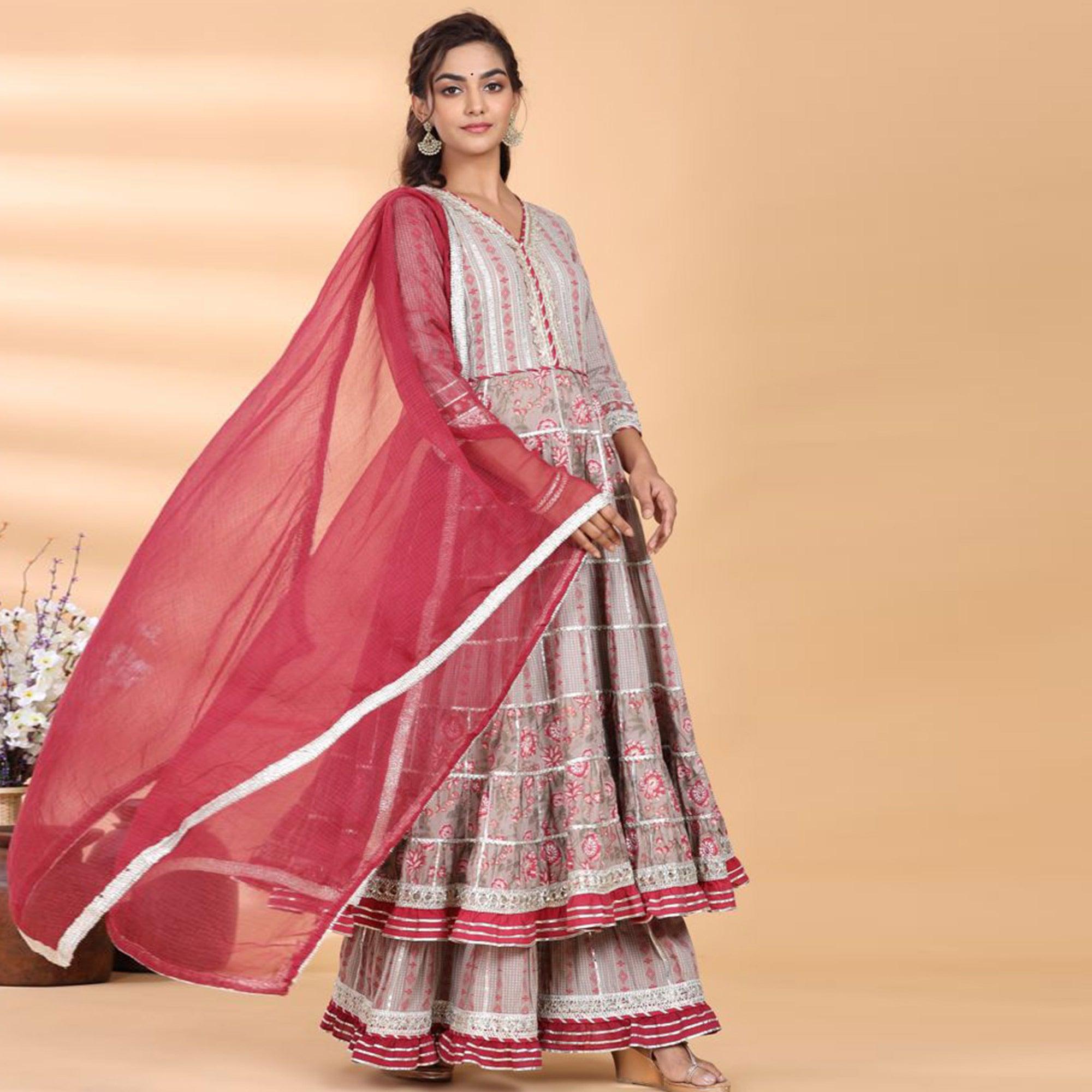 Beige - Red Partywear Floral Embroidered Cotton Palazzo Suit - Peachmode