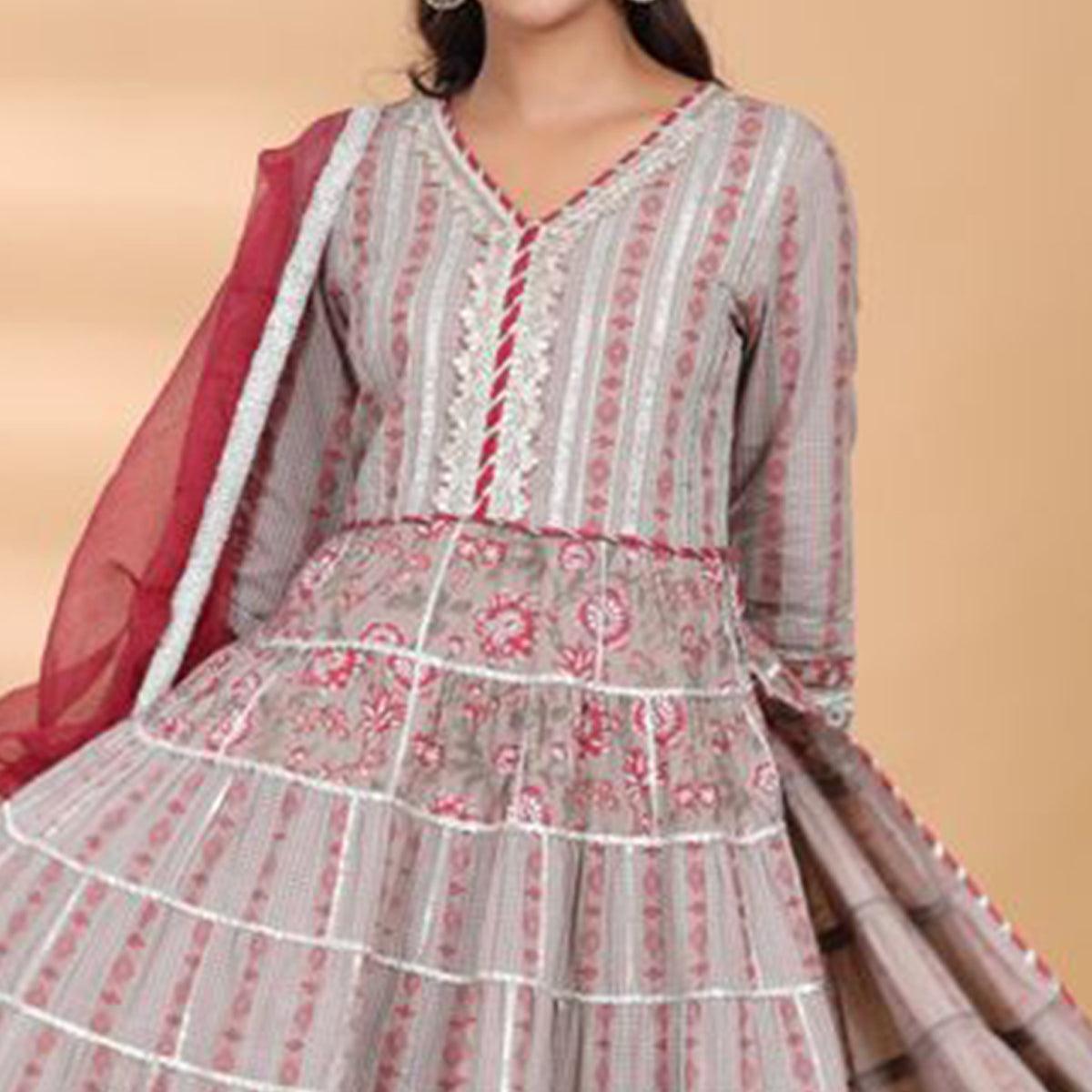 Beige - Red Partywear Floral Embroidered Cotton Palazzo Suit - Peachmode