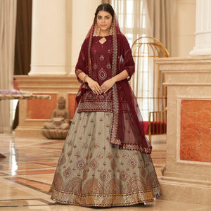 Beige Sequence Embroidered Chiffon Lehenga Choli - Peachmode