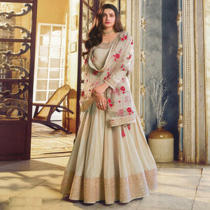 Beige Sequence Embroidered Dola Silk Anarkali Style Gown - Peachmode