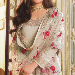 Beige Sequence Embroidered Dola Silk Anarkali Style Gown - Peachmode