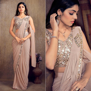 Beige Sequence Embroidered Stitched Art Silk Saree - Peachmode