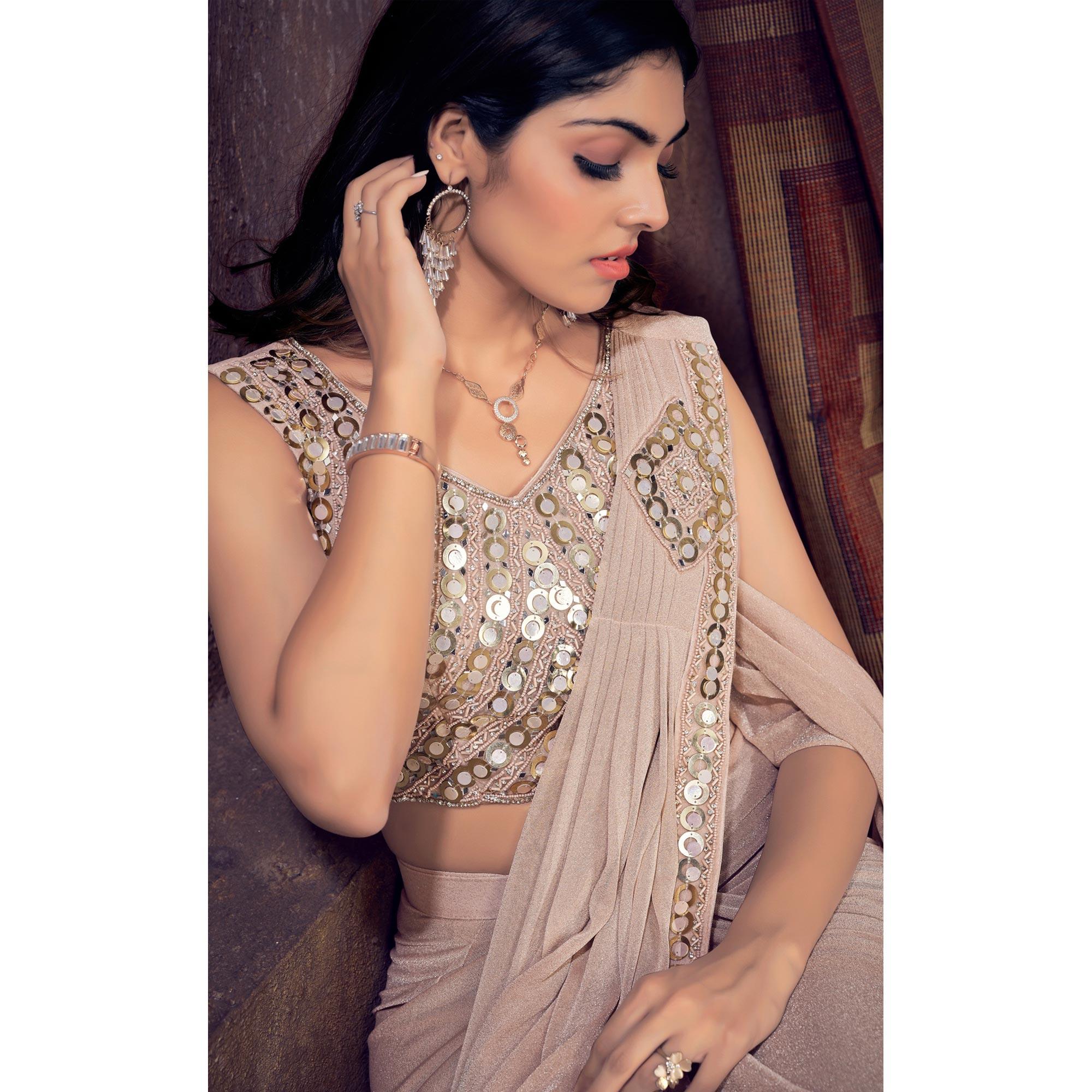 Beige Sequence Embroidered Stitched Art Silk Saree - Peachmode