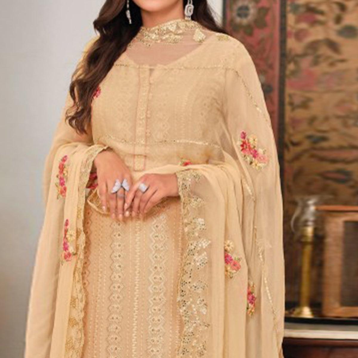 Beige Sequence Embroidered With Mirror Work Georgette Palazzo Suit - Peachmode