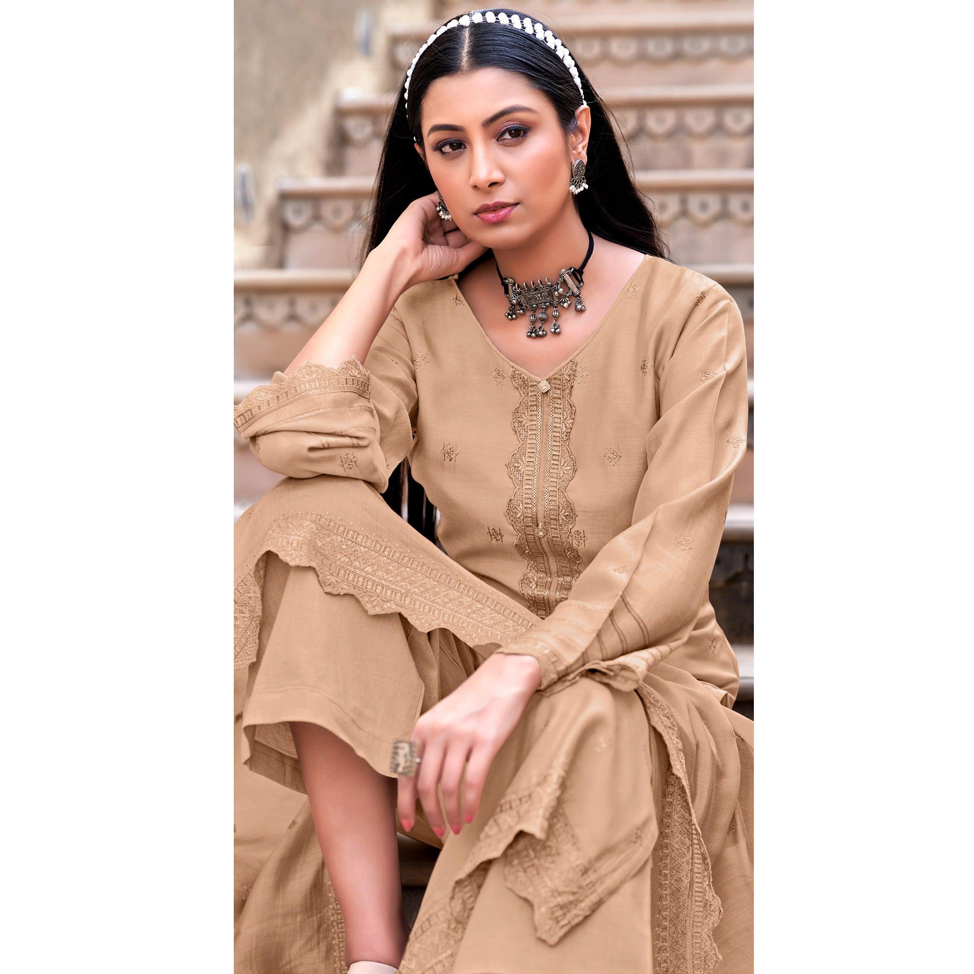 Beige Sequence Floral Embroidered Muslin Suit - Peachmode