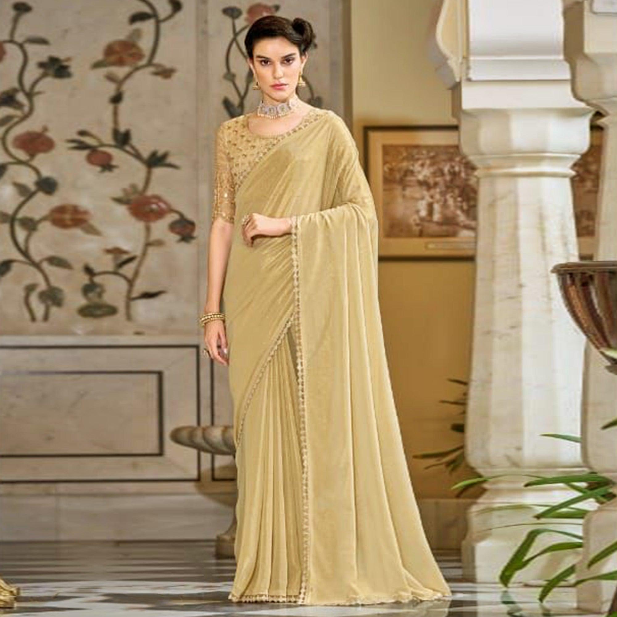 Beige Solid Art Silk Saree - Peachmode