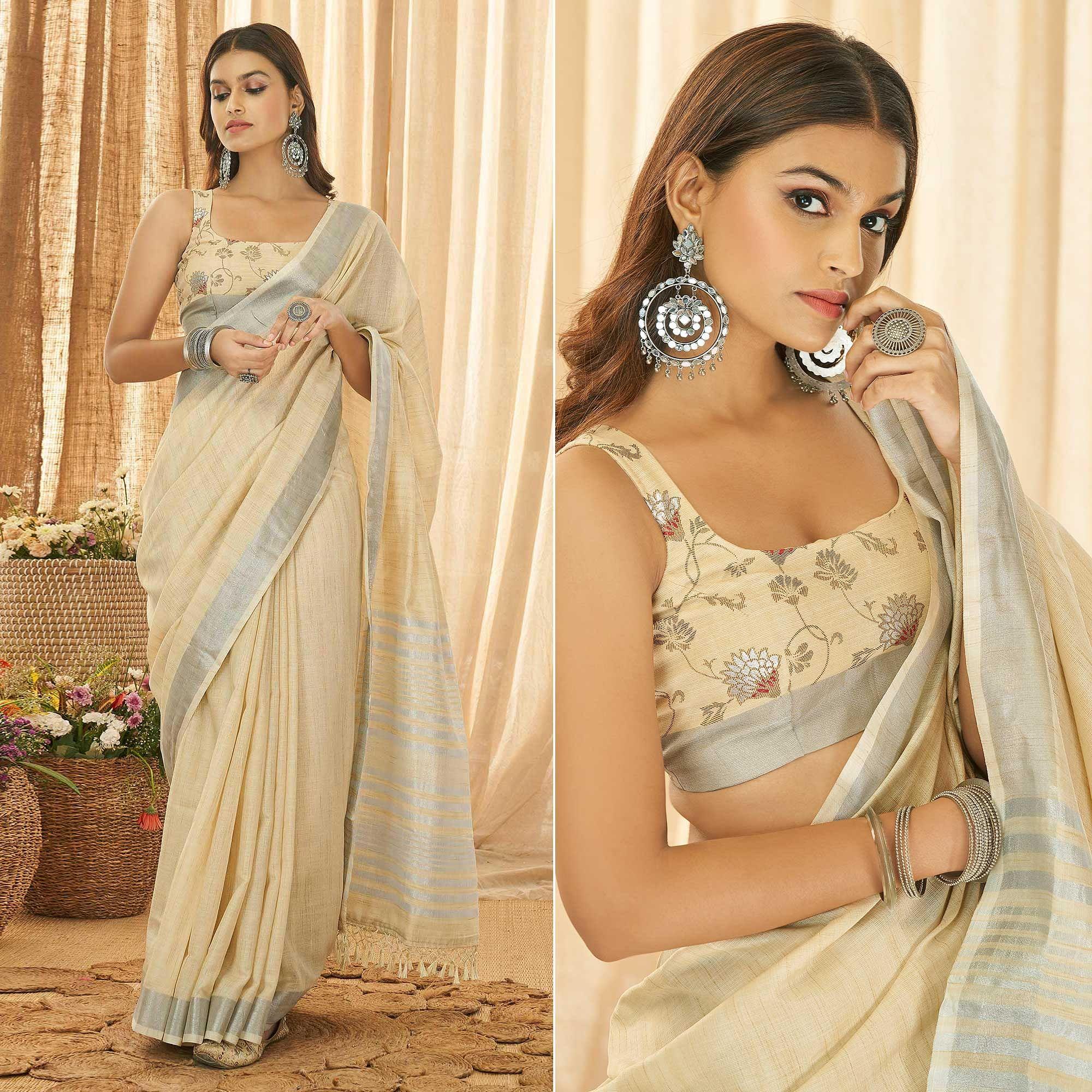 Beige Solid Linen Saree - Peachmode