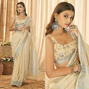Beige Solid Linen Saree - Peachmode