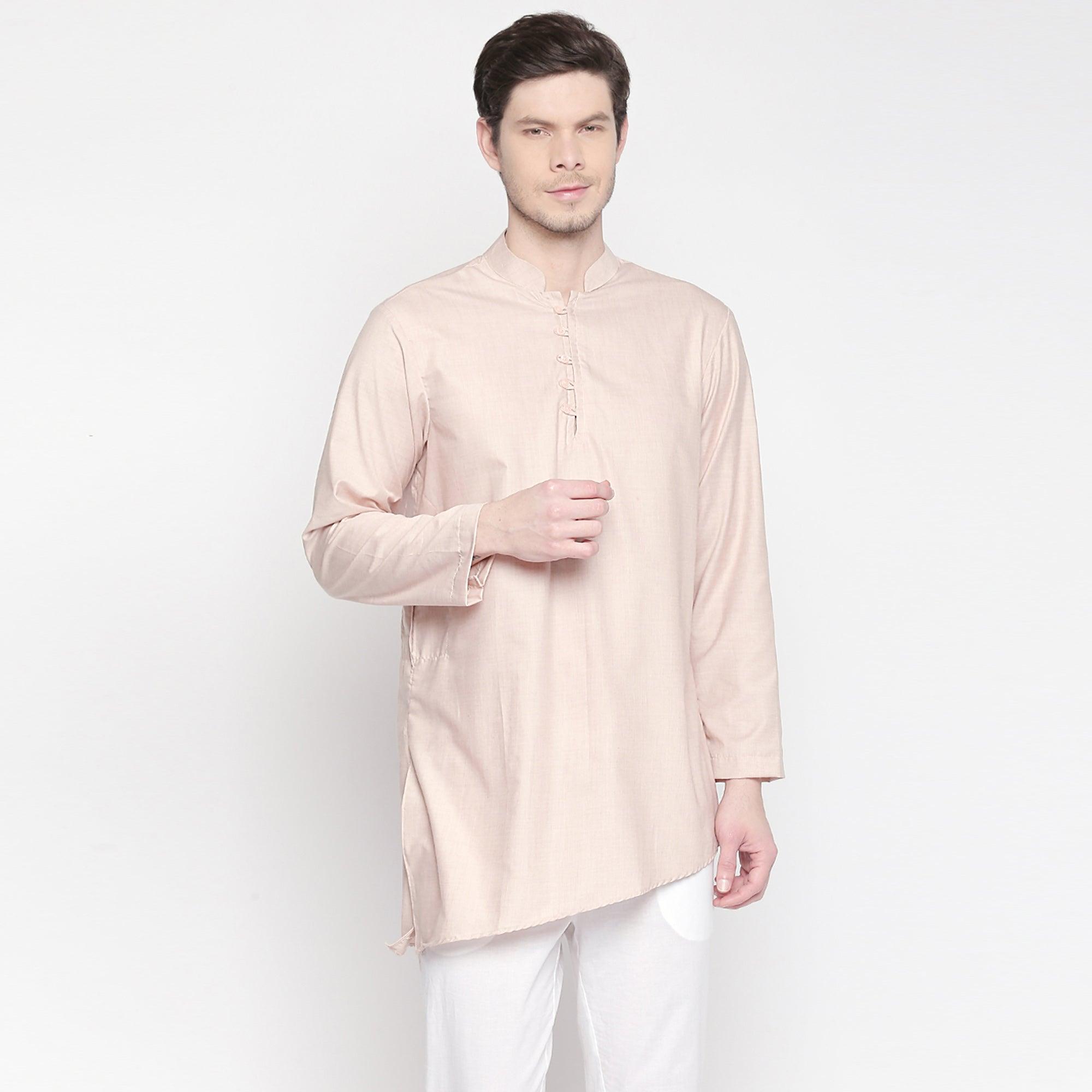Beige Solid Pure Cotton Kurta With Asymmetric Hem - Peachmode