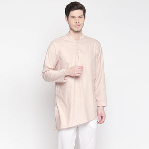 Beige Solid Pure Cotton Kurta With Asymmetric Hem - Peachmode