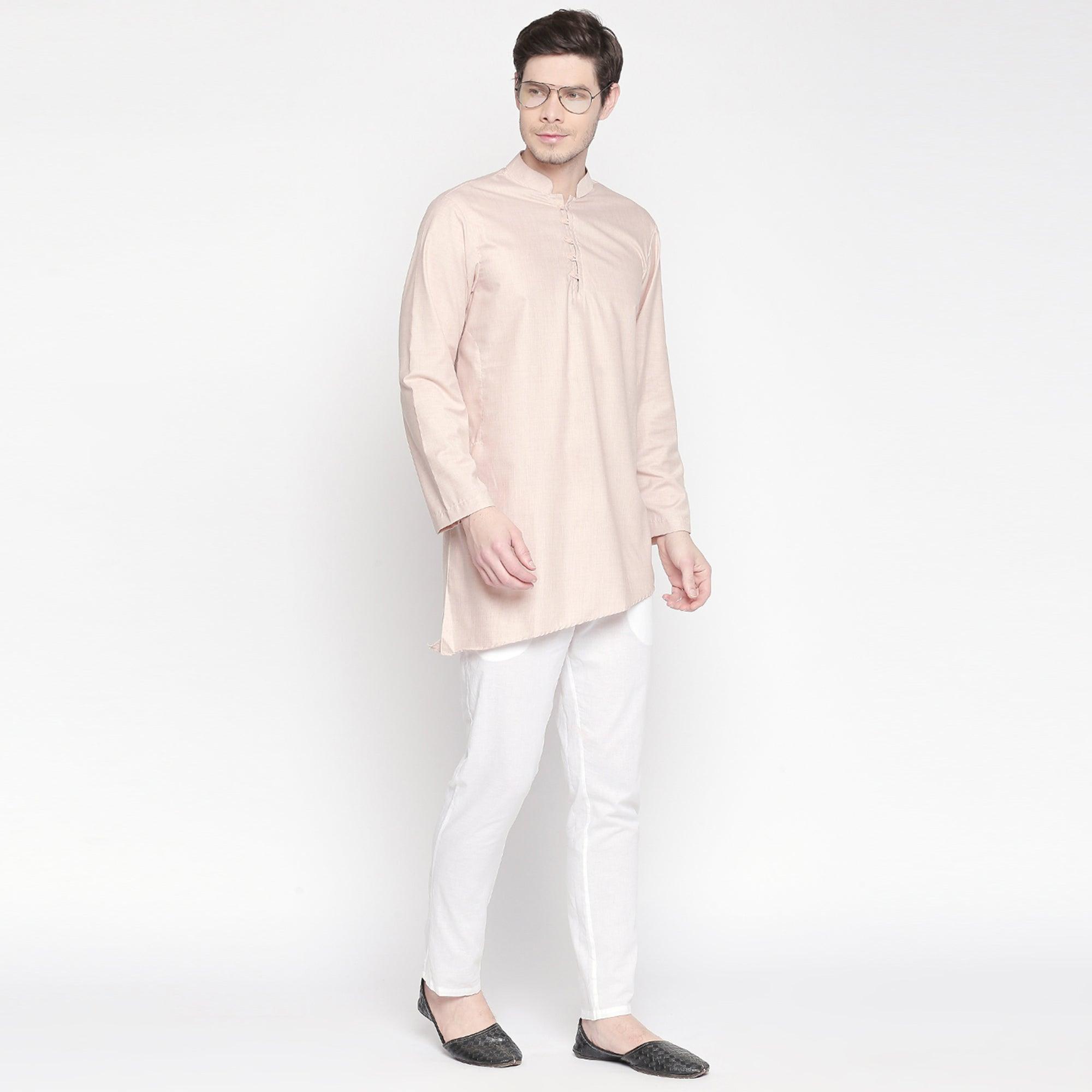 Beige Solid Pure Cotton Kurta With Asymmetric Hem - Peachmode