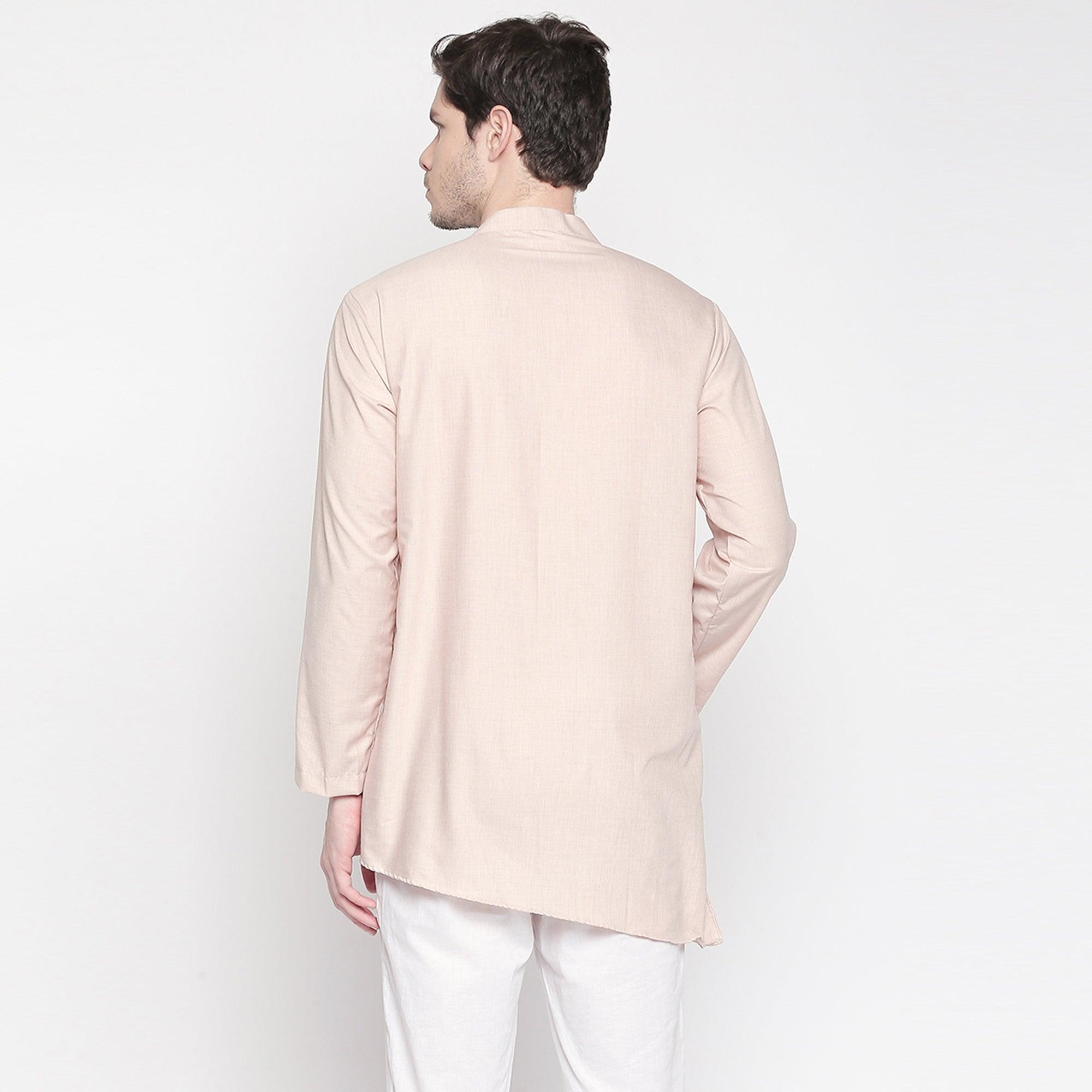 Beige Solid Pure Cotton Kurta With Asymmetric Hem - Peachmode