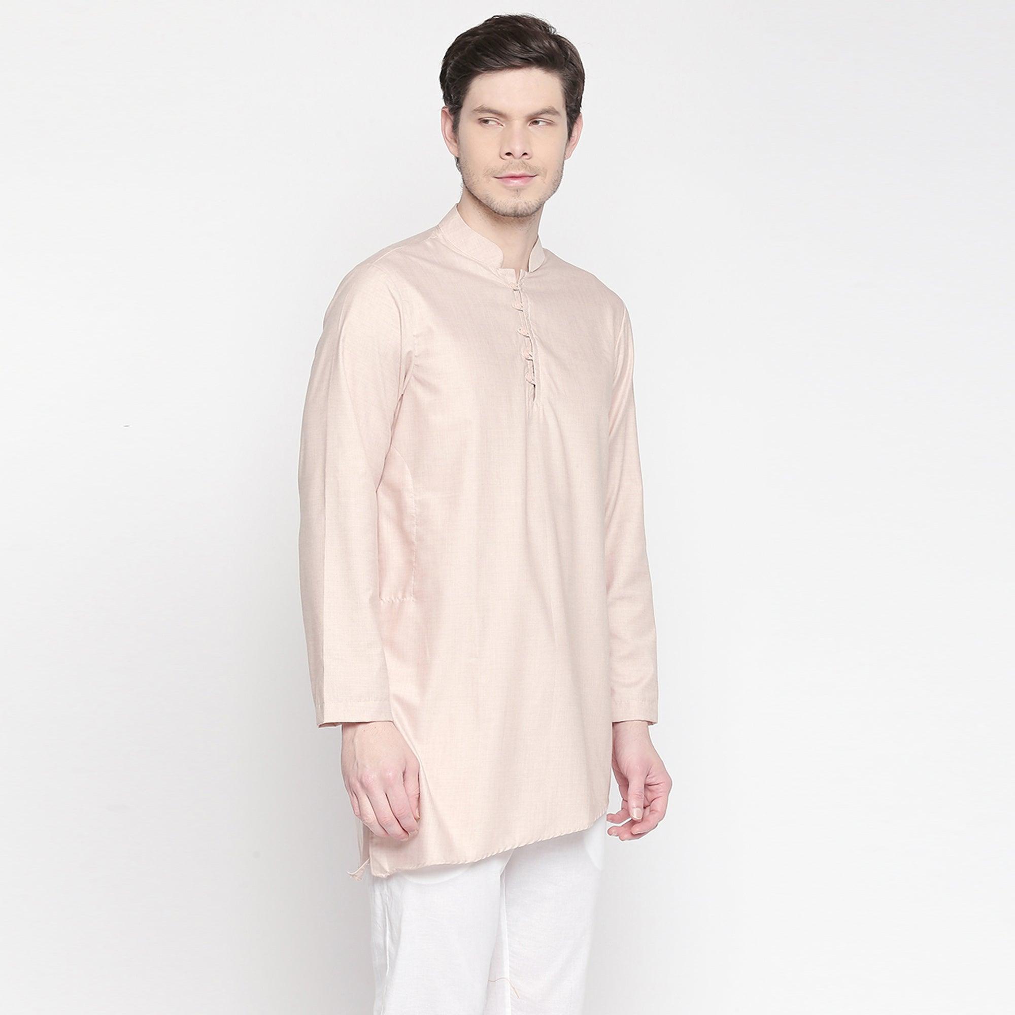 Beige Solid Pure Cotton Kurta With Asymmetric Hem - Peachmode