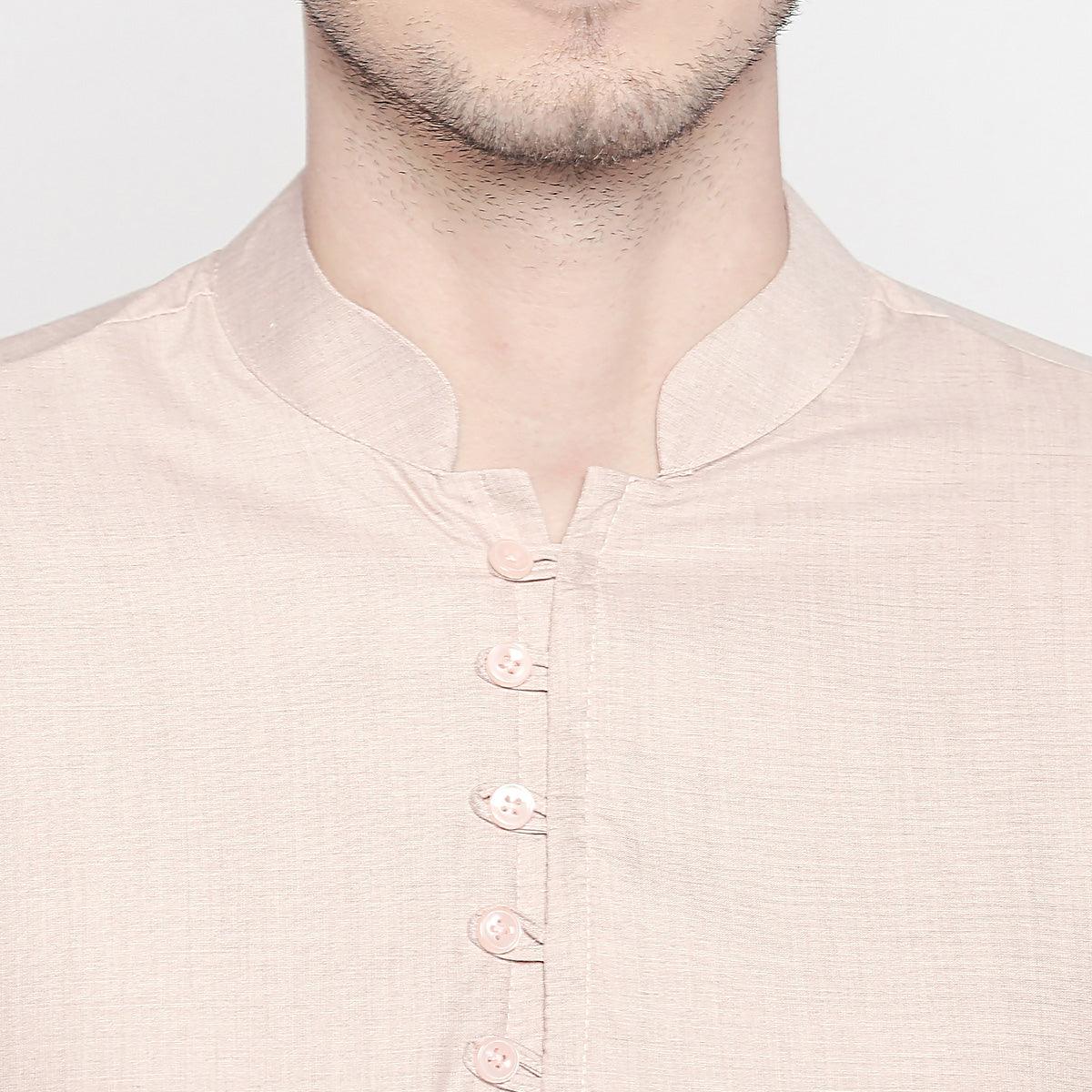 Beige Solid Pure Cotton Kurta With Asymmetric Hem - Peachmode