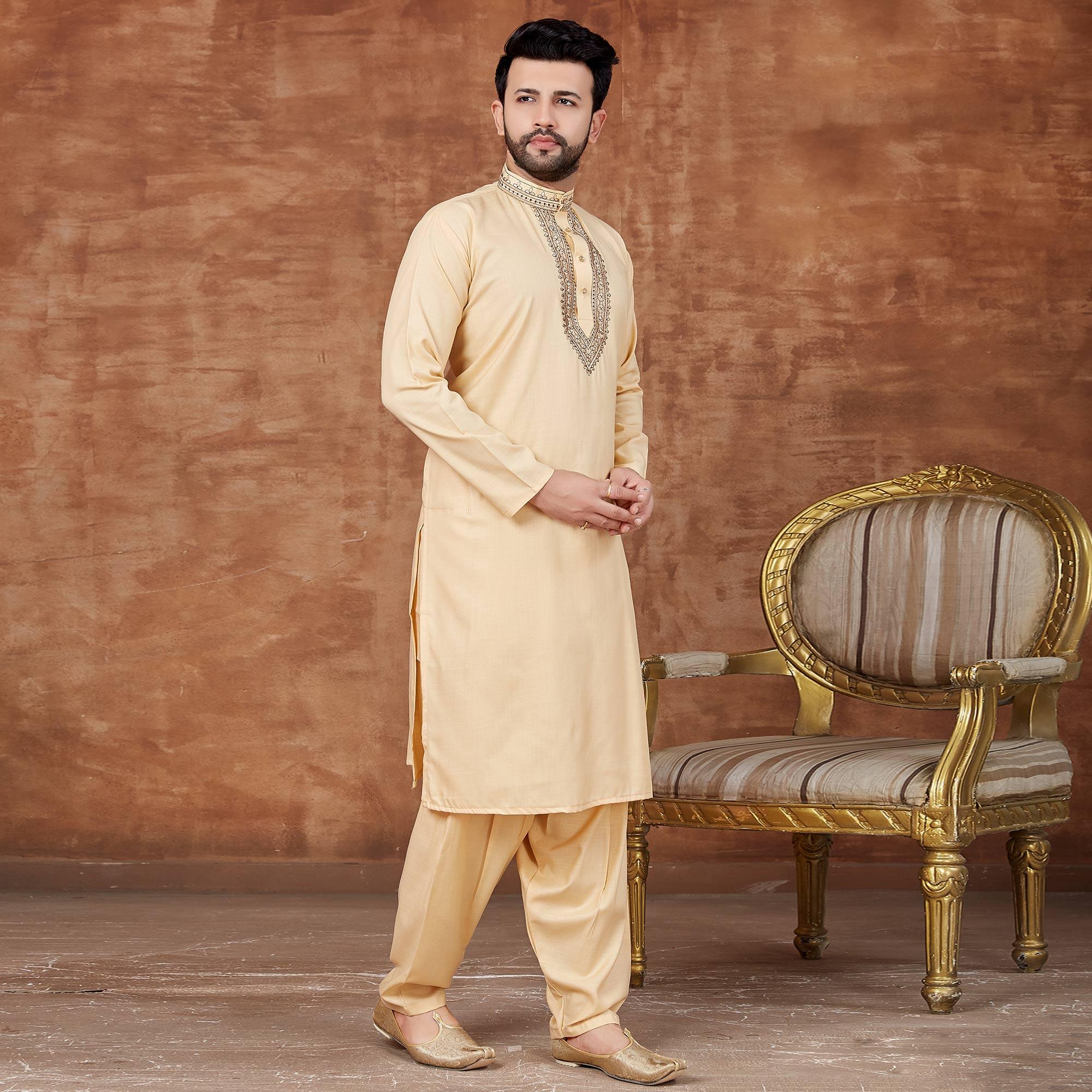 Beige Solid With Embroidered Pure Cotton Kurta Pyjama Set - Peachmode