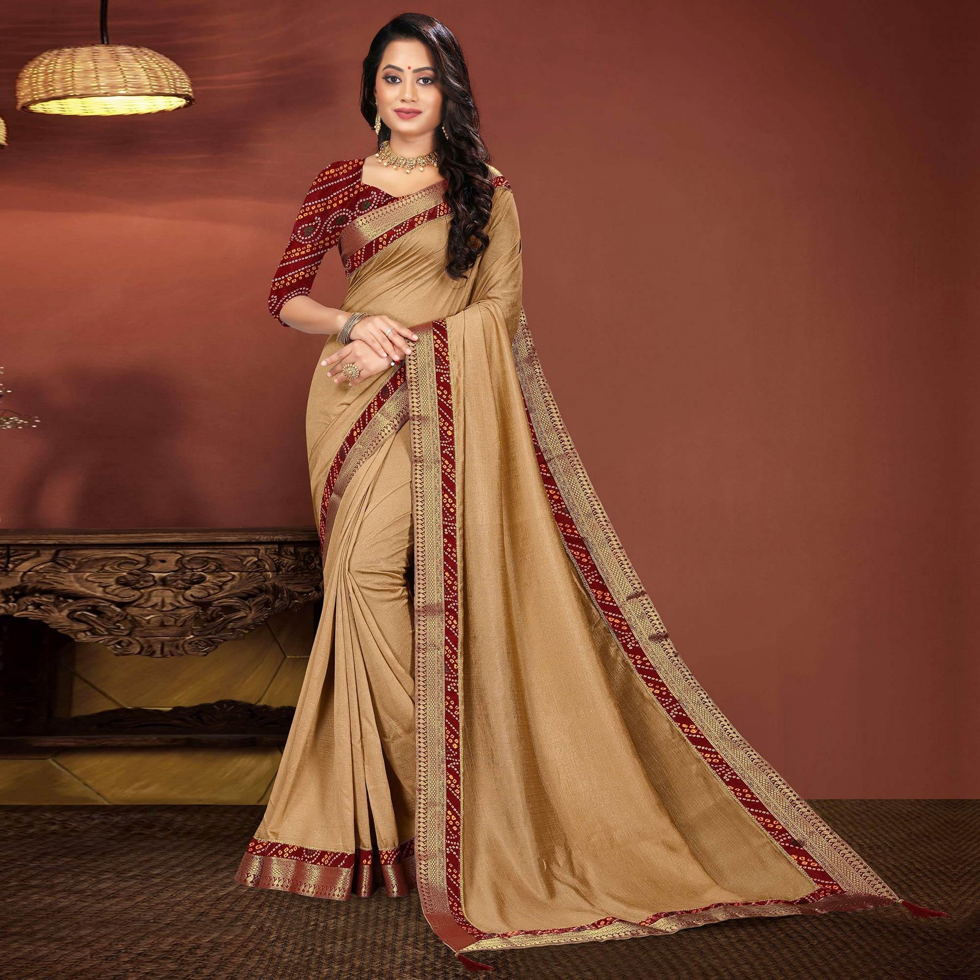 Beige Solid With Fancy Border Work Vichitra Silk Saree - Peachmode