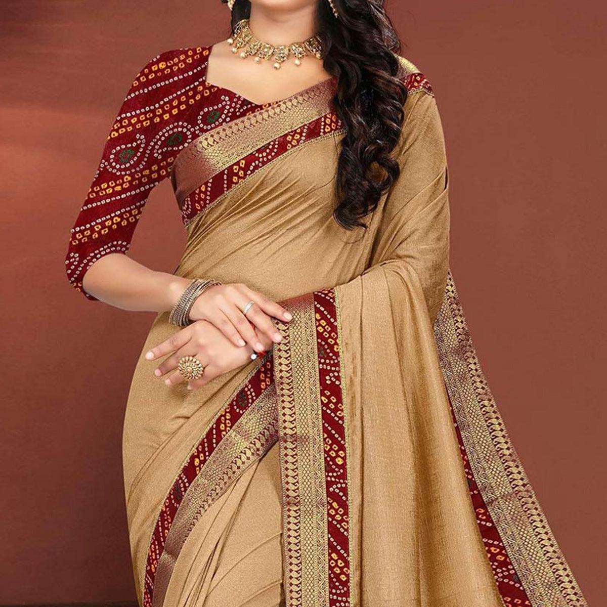 Beige Solid With Fancy Border Work Vichitra Silk Saree - Peachmode