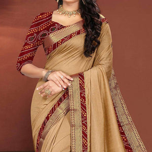 Beige Solid With Fancy Border Work Vichitra Silk Saree - Peachmode