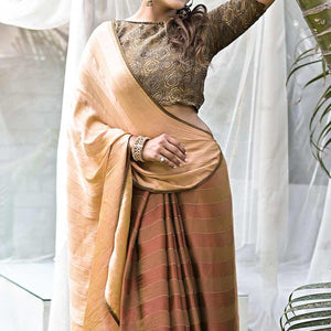 Beige Stripe Printed Satin Half and Half Saree - Peachmode