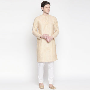 Beige Striped Printed Pure Cotton Kurta - Peachmode