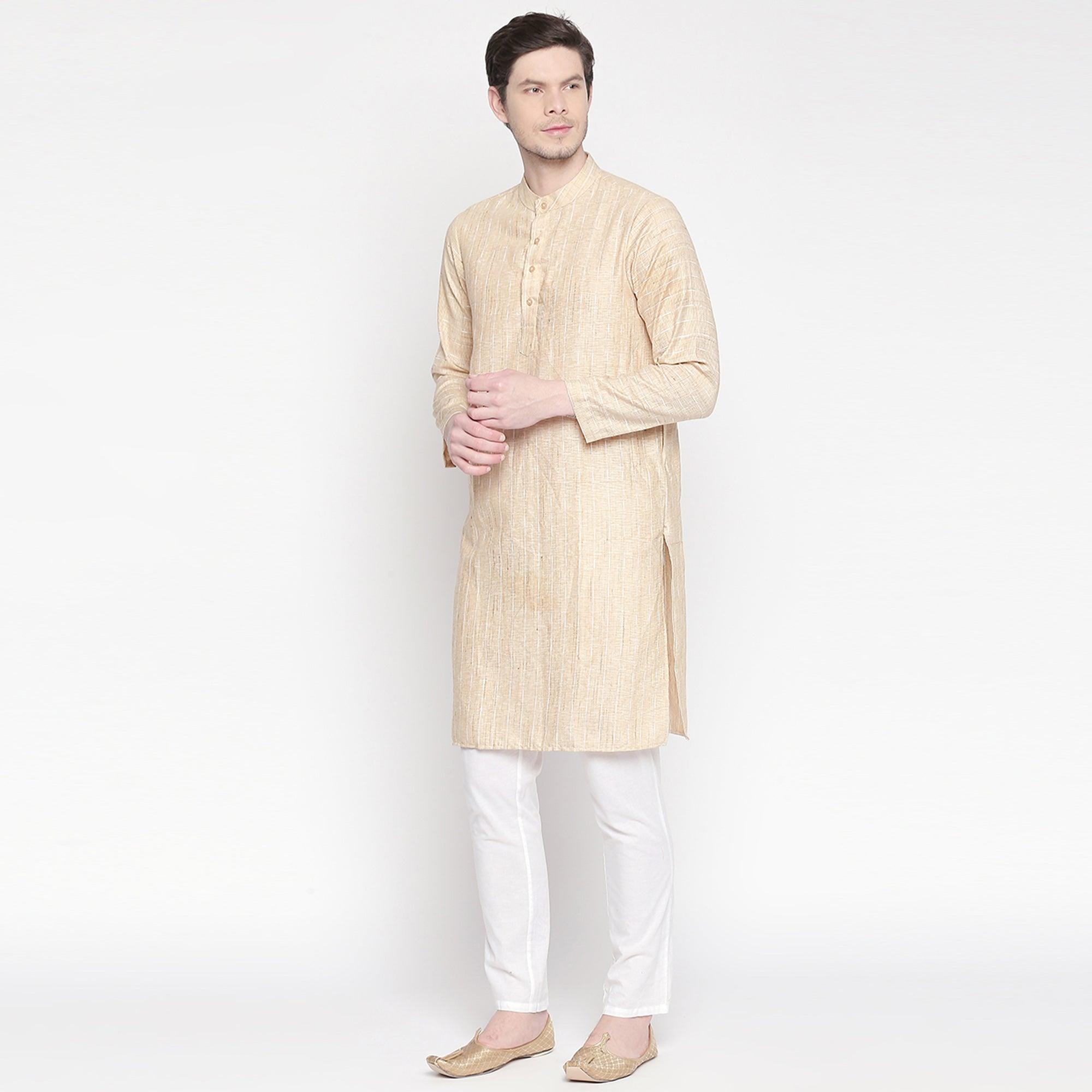 Beige Striped Printed Pure Cotton Kurta - Peachmode