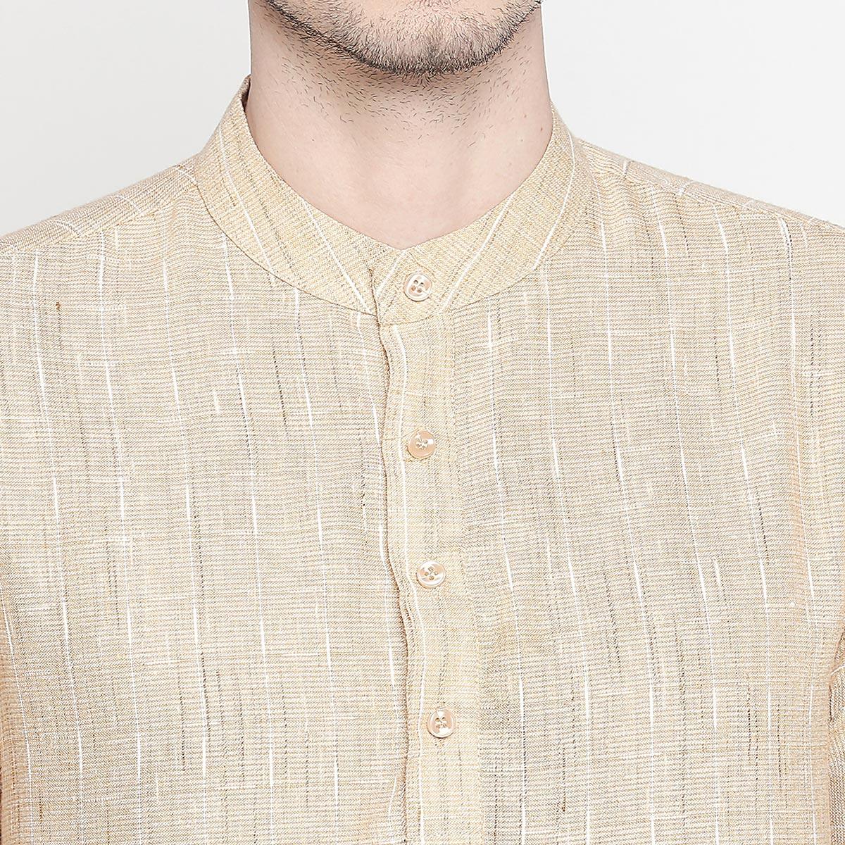 Beige Striped Printed Pure Cotton Kurta - Peachmode