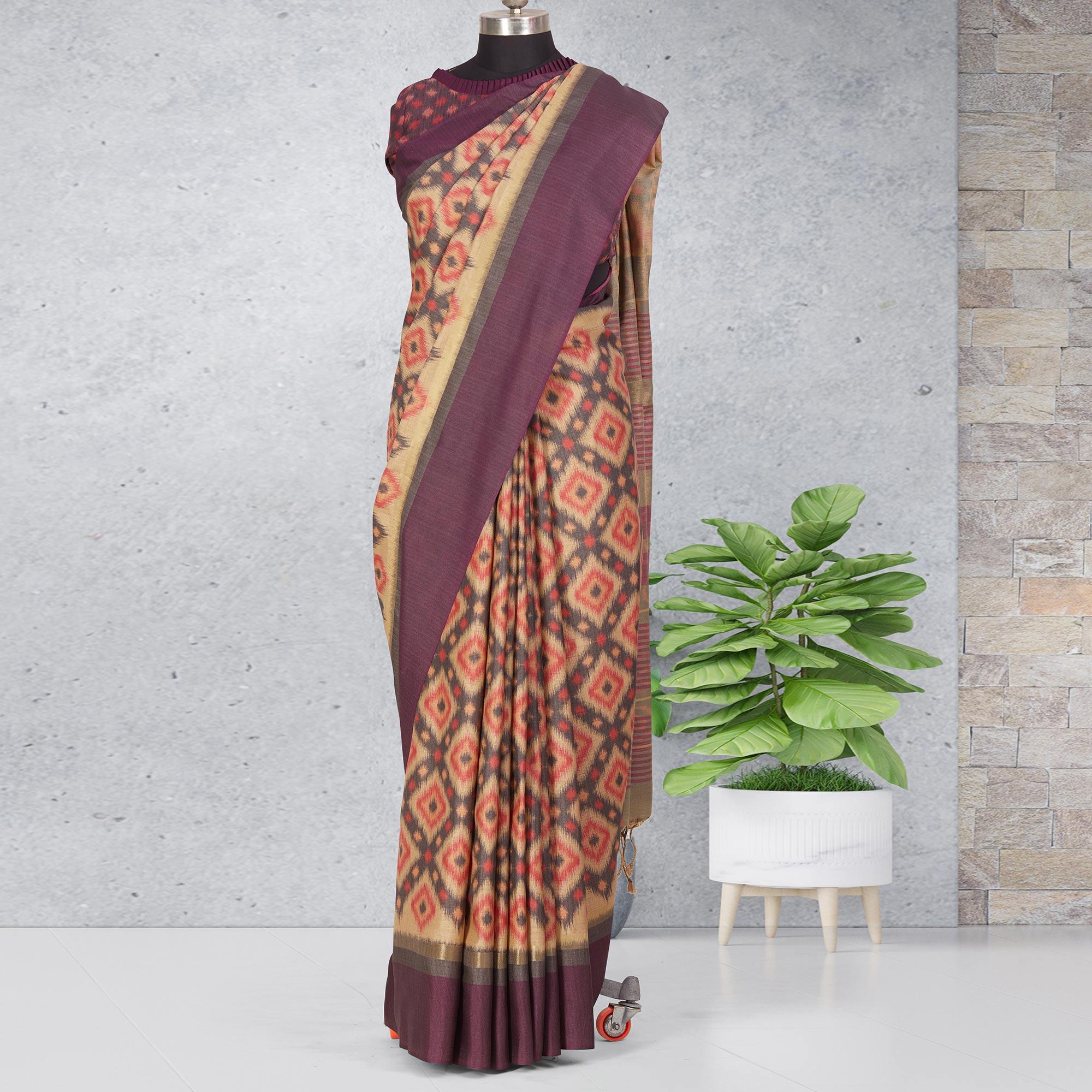 Beige-Wine Festive Wear Digital Printed Cotton Saree - Peachmode