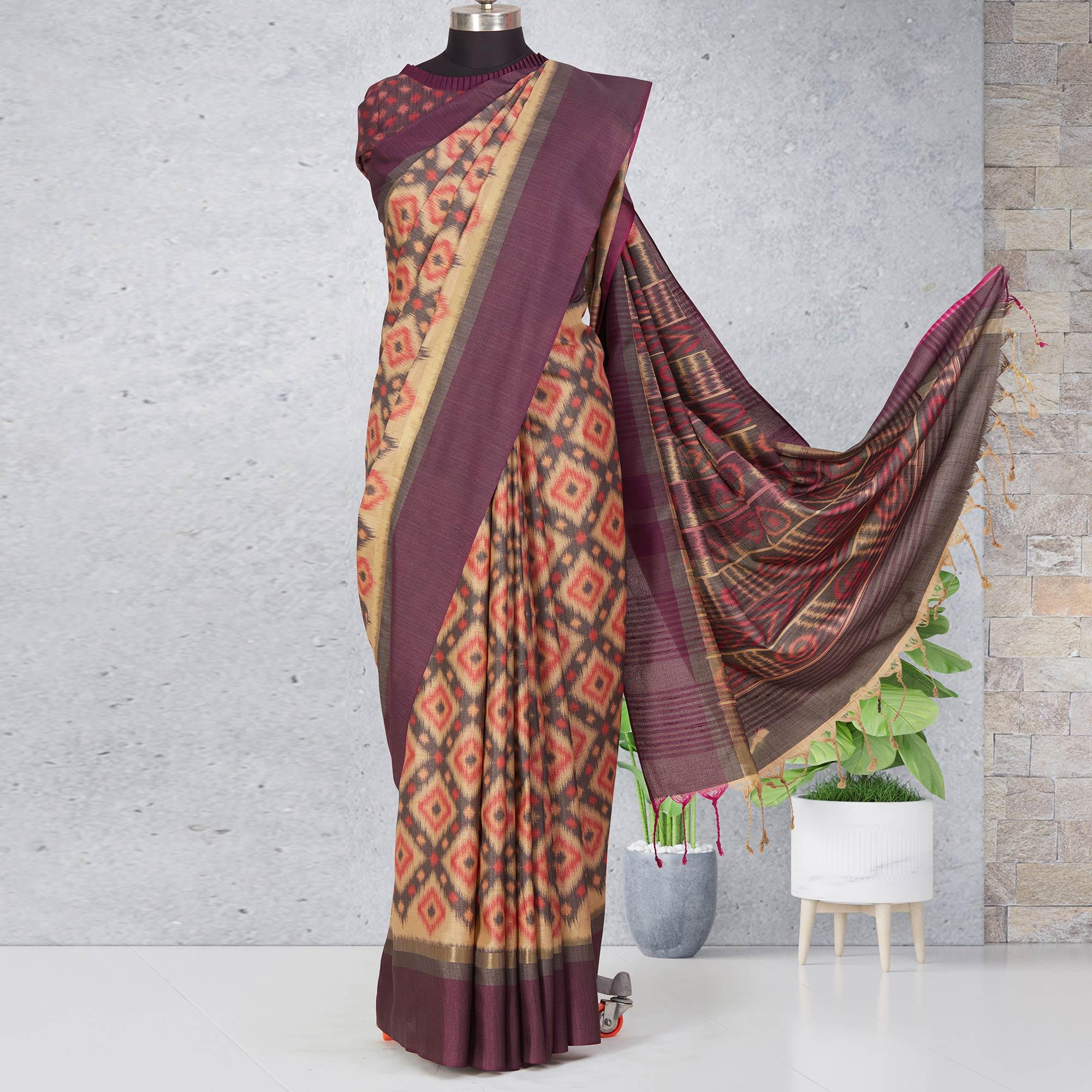 Beige-Wine Festive Wear Digital Printed Cotton Saree - Peachmode