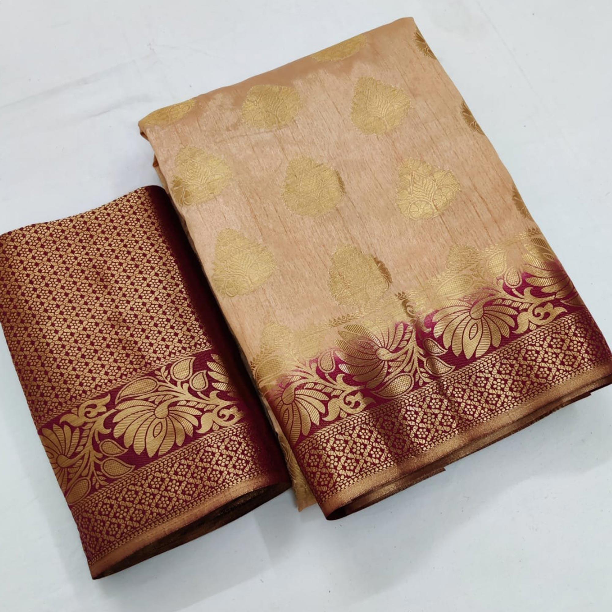 Beige-Wine Festive Wear Woven Zari Pallu Art Silk Saree - Peachmode