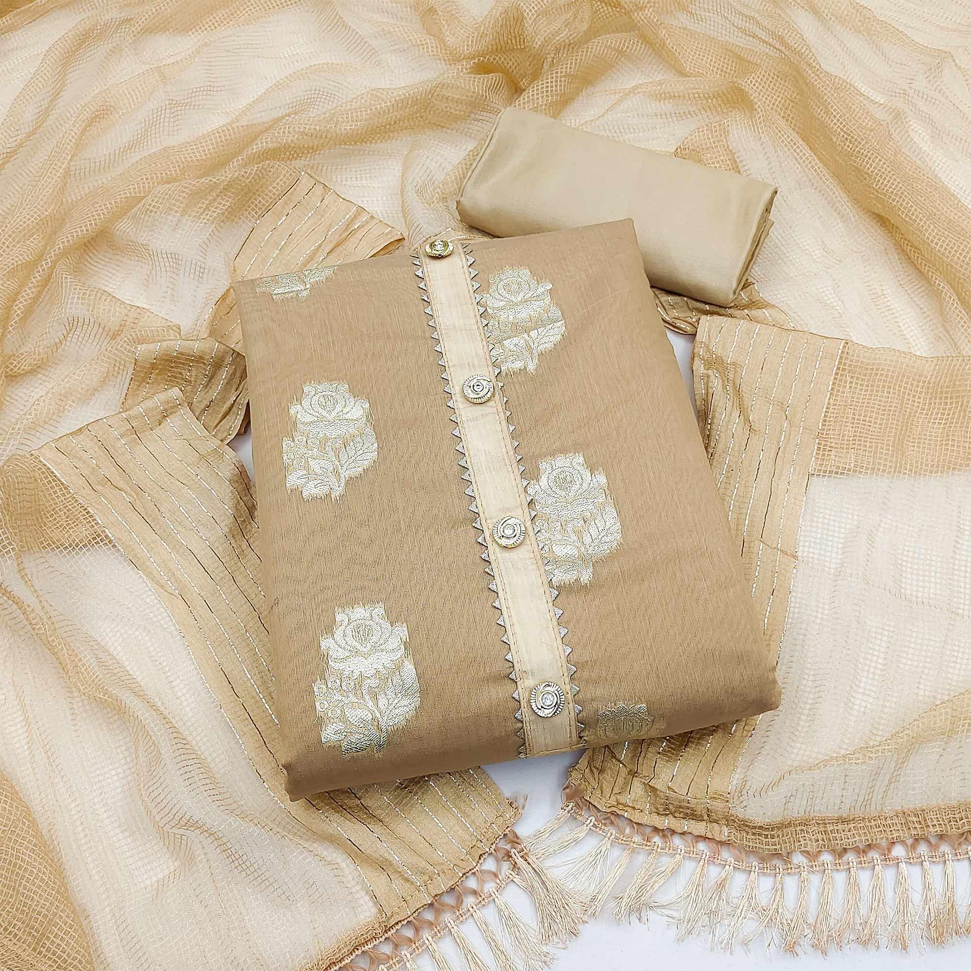 Beige Woven Banarasi Silk Dress Material - Peachmode