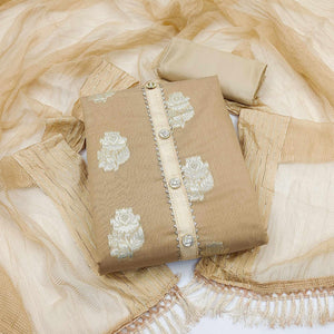 Beige Woven Banarasi Silk Dress Material - Peachmode