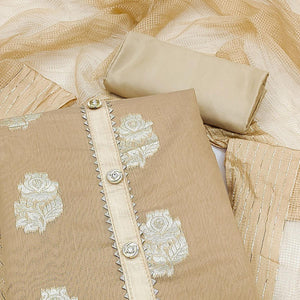 Beige Woven Banarasi Silk Dress Material - Peachmode