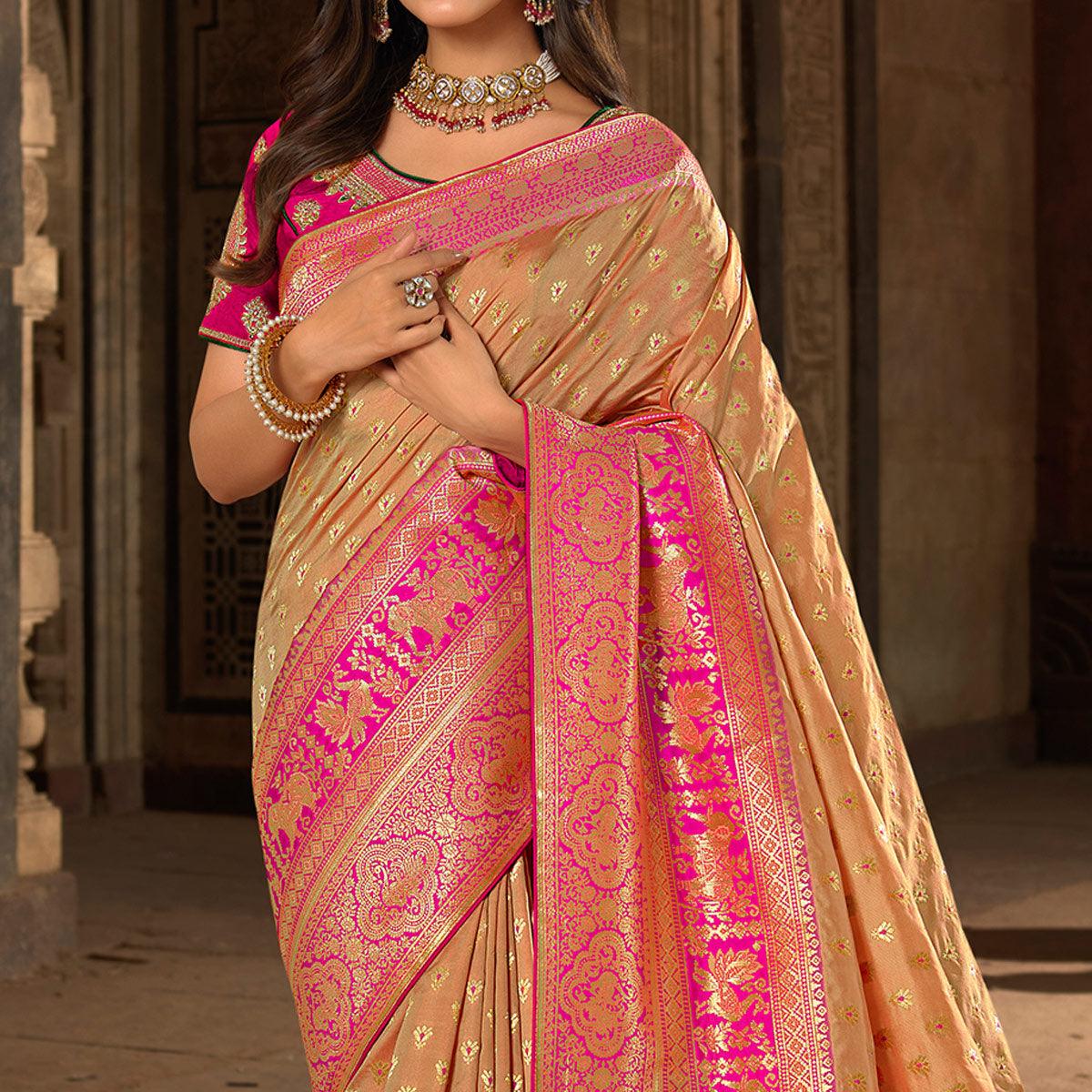 Beige Woven Banarasi Silk Saree With Tassels - Peachmode