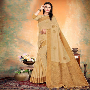 Beige Woven Cotton Silk Saree - Peachmode