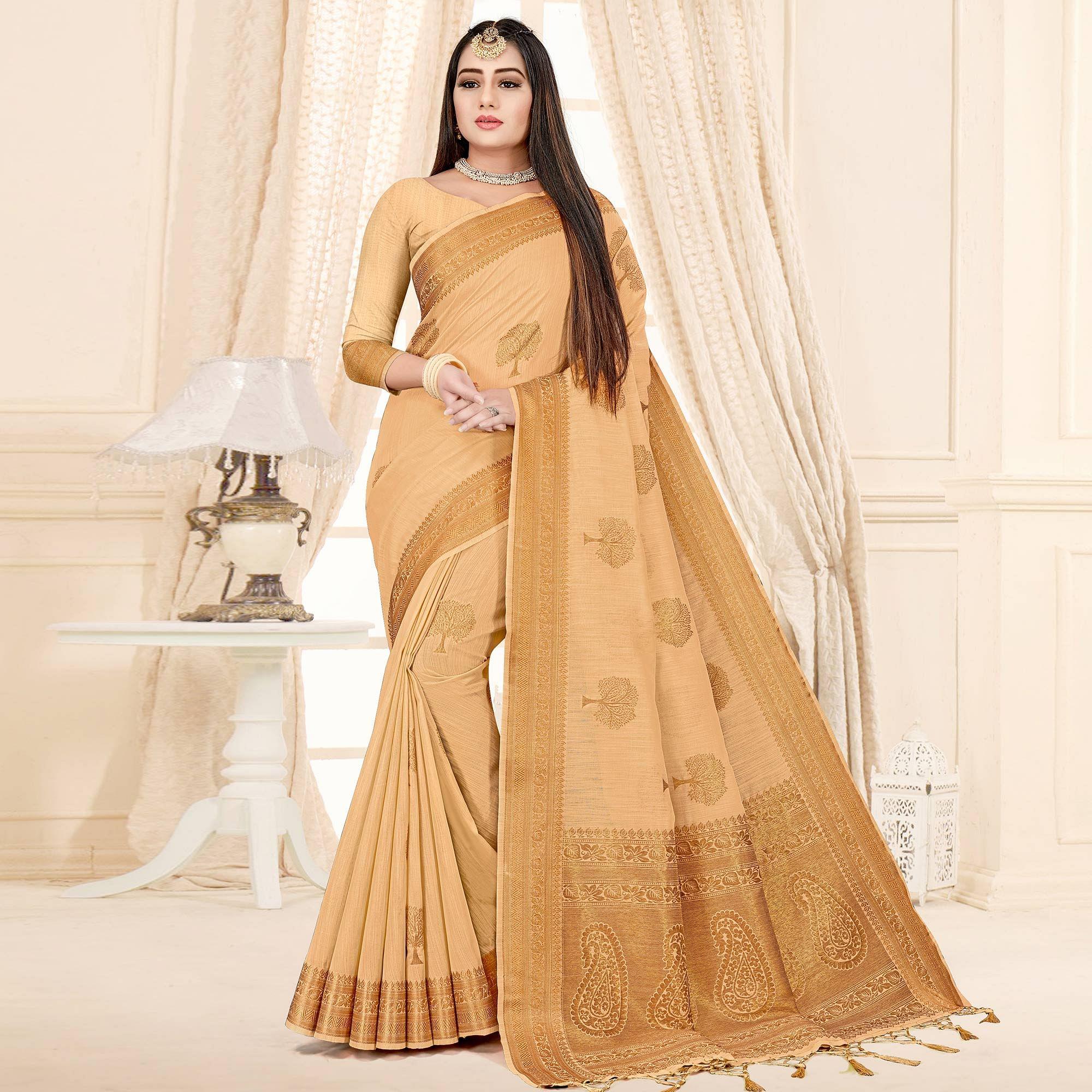 Beige Woven Cotton Silk Saree - Peachmode