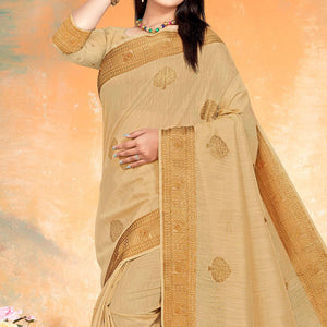 Beige Woven Cotton Silk Saree - Peachmode