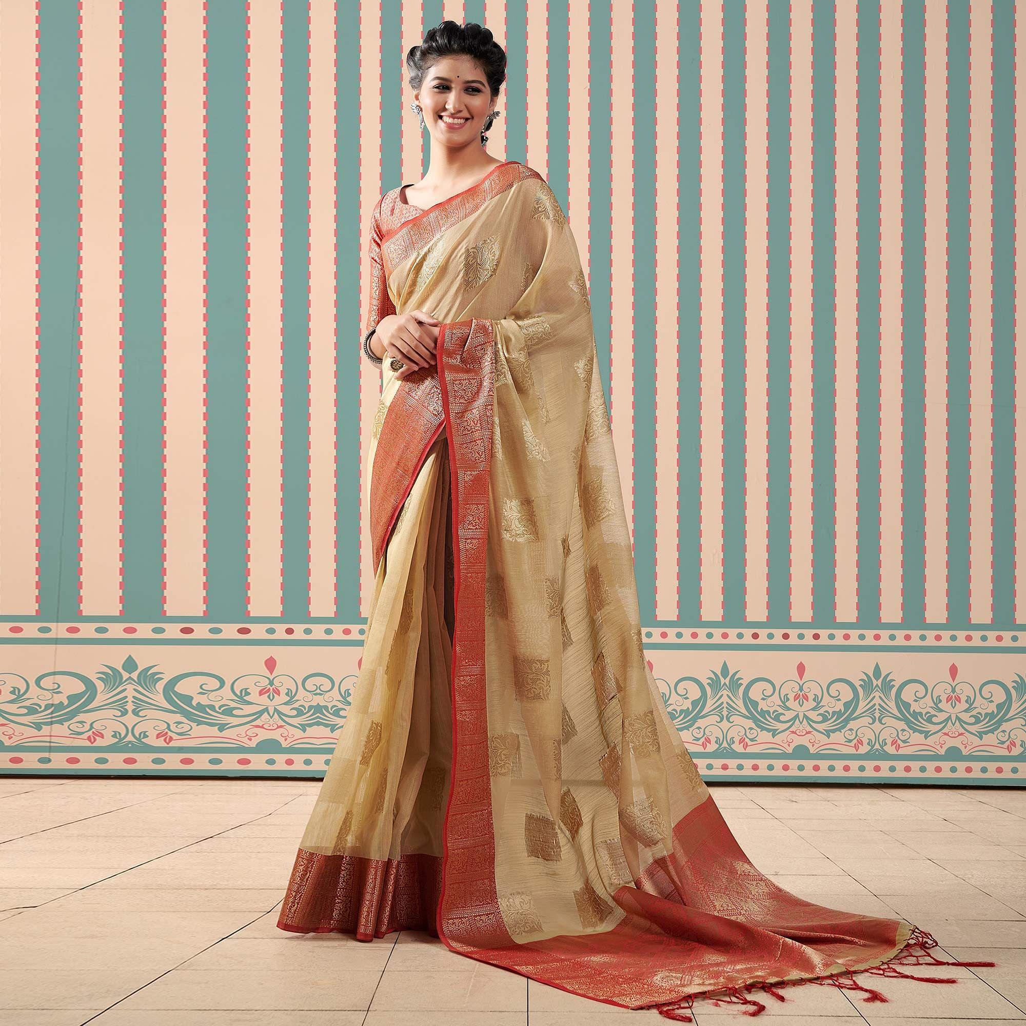 Beige Woven Linen Saree With Tassels - Peachmode
