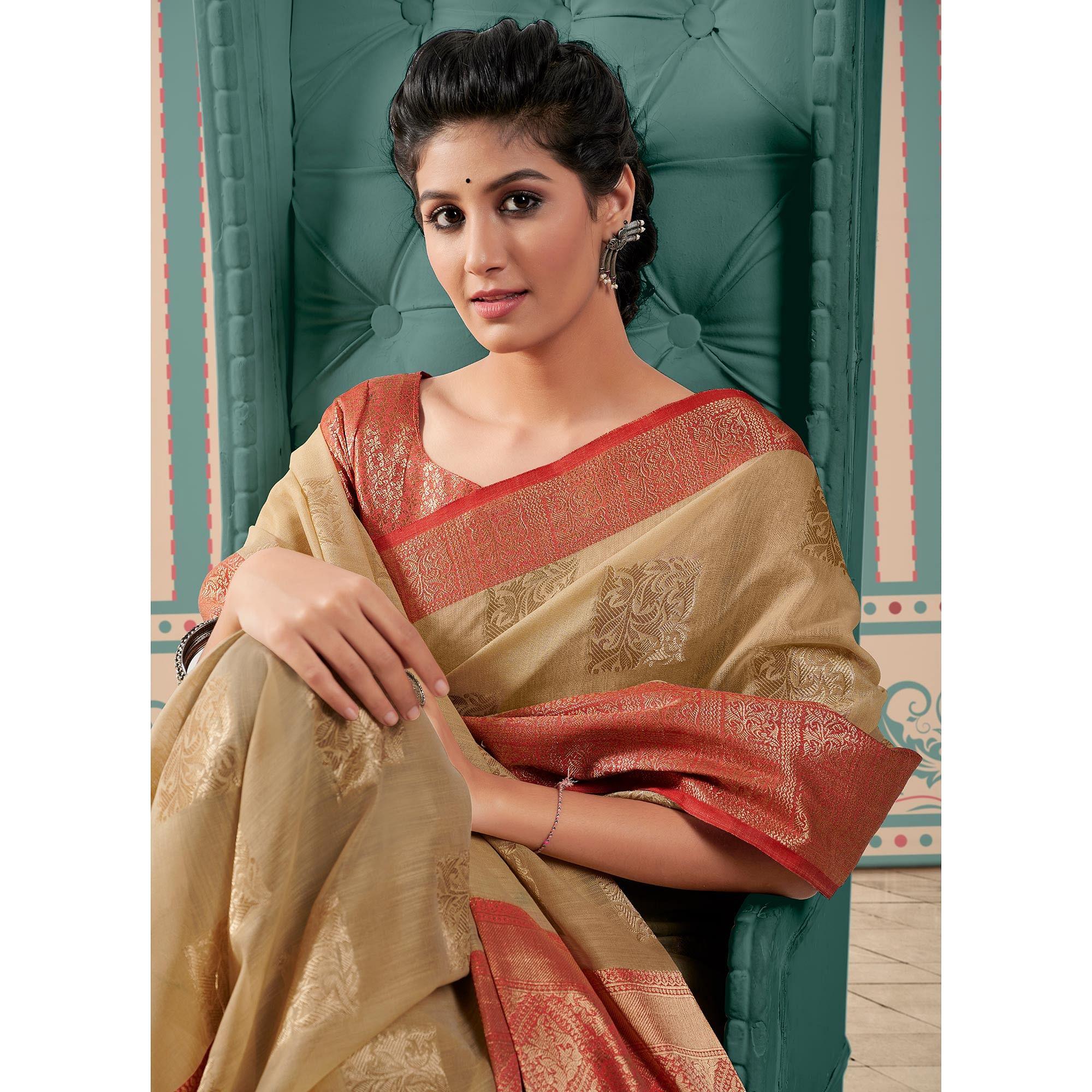 Beige Woven Linen Saree With Tassels - Peachmode