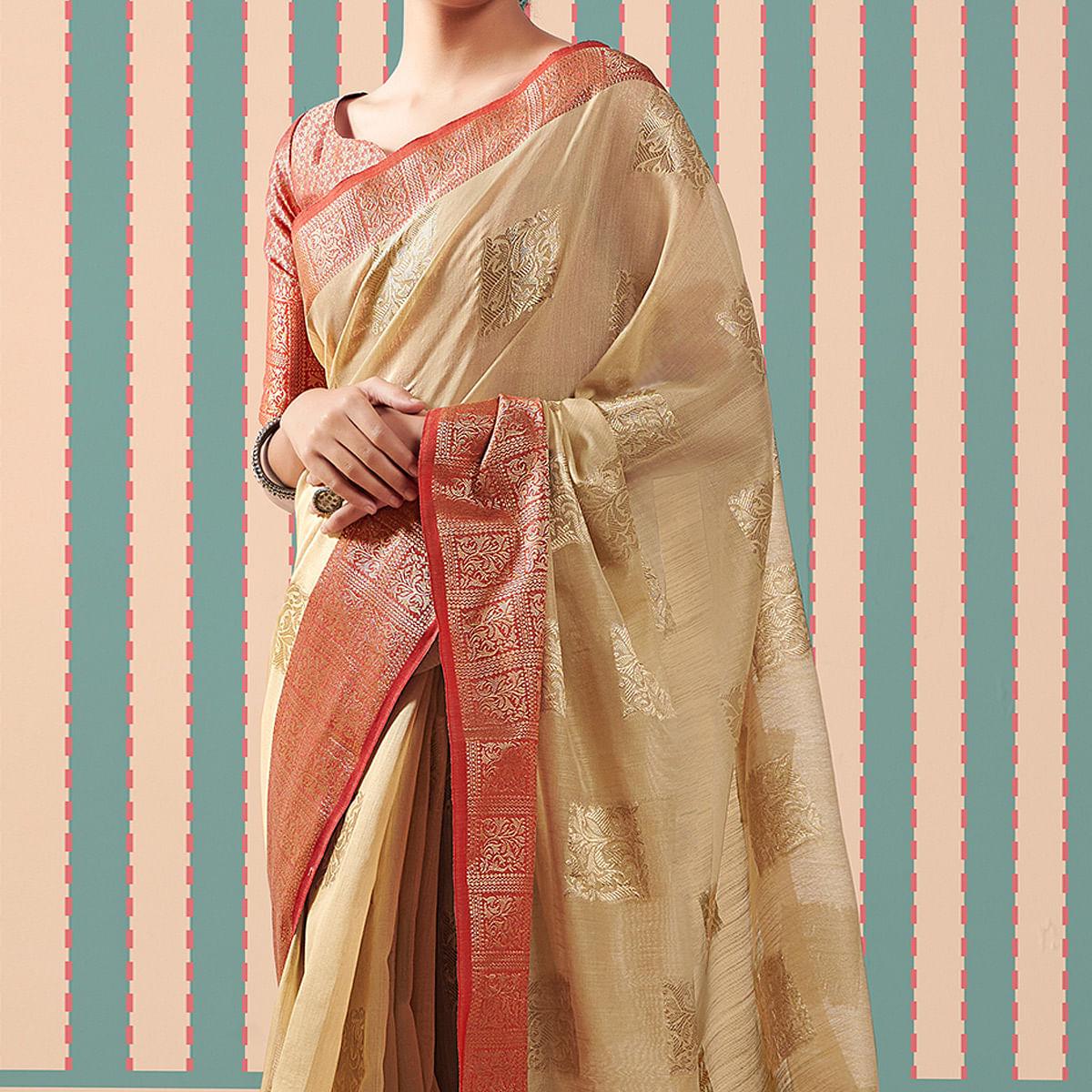 Beige Woven Linen Saree With Tassels - Peachmode