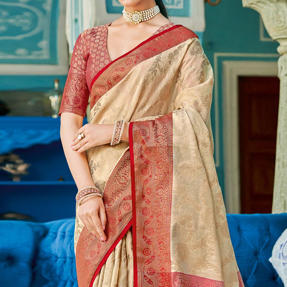 Beige Woven Poly Cotton Saree - Peachmode