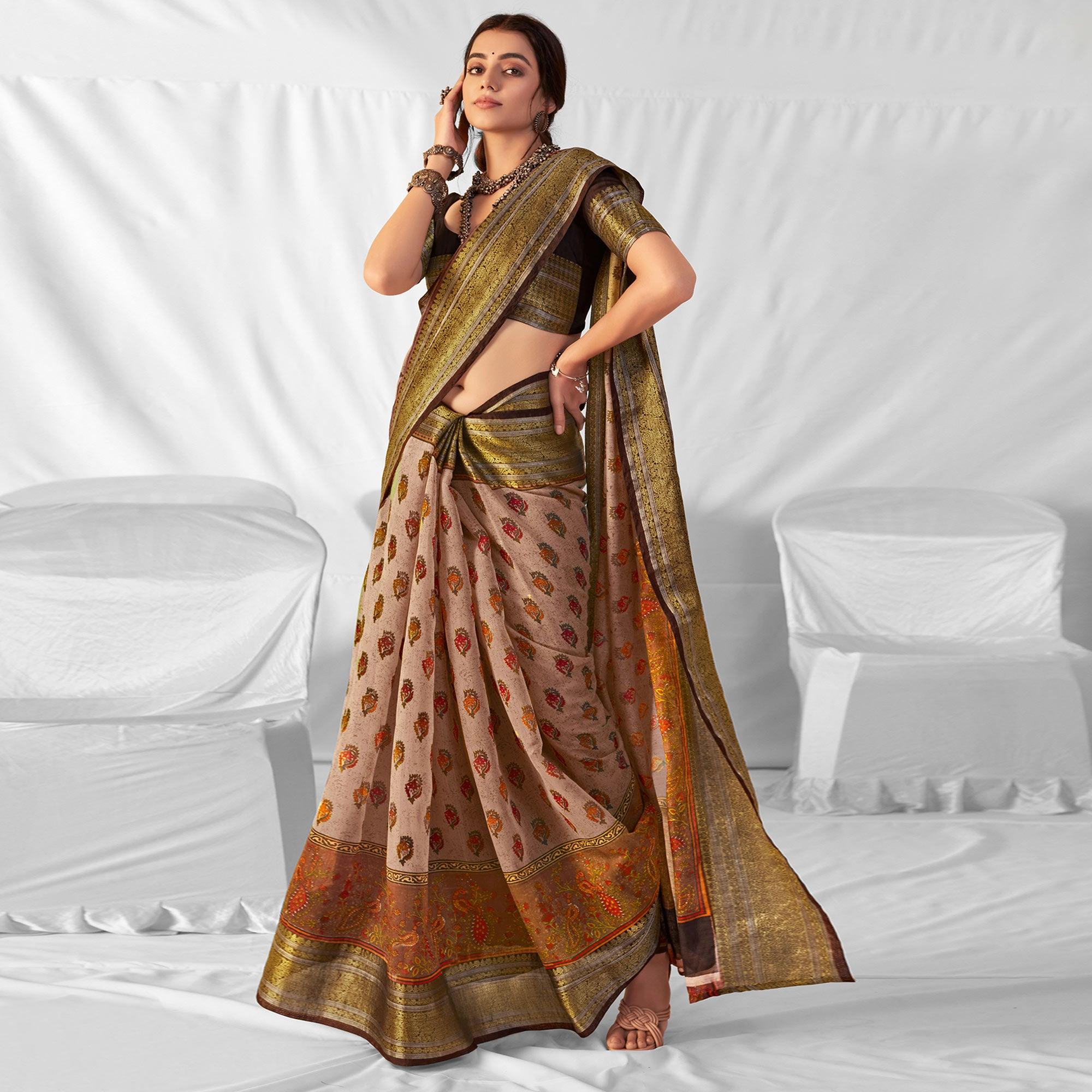 Beige Woven-Printed Chanderi Saree - Peachmode