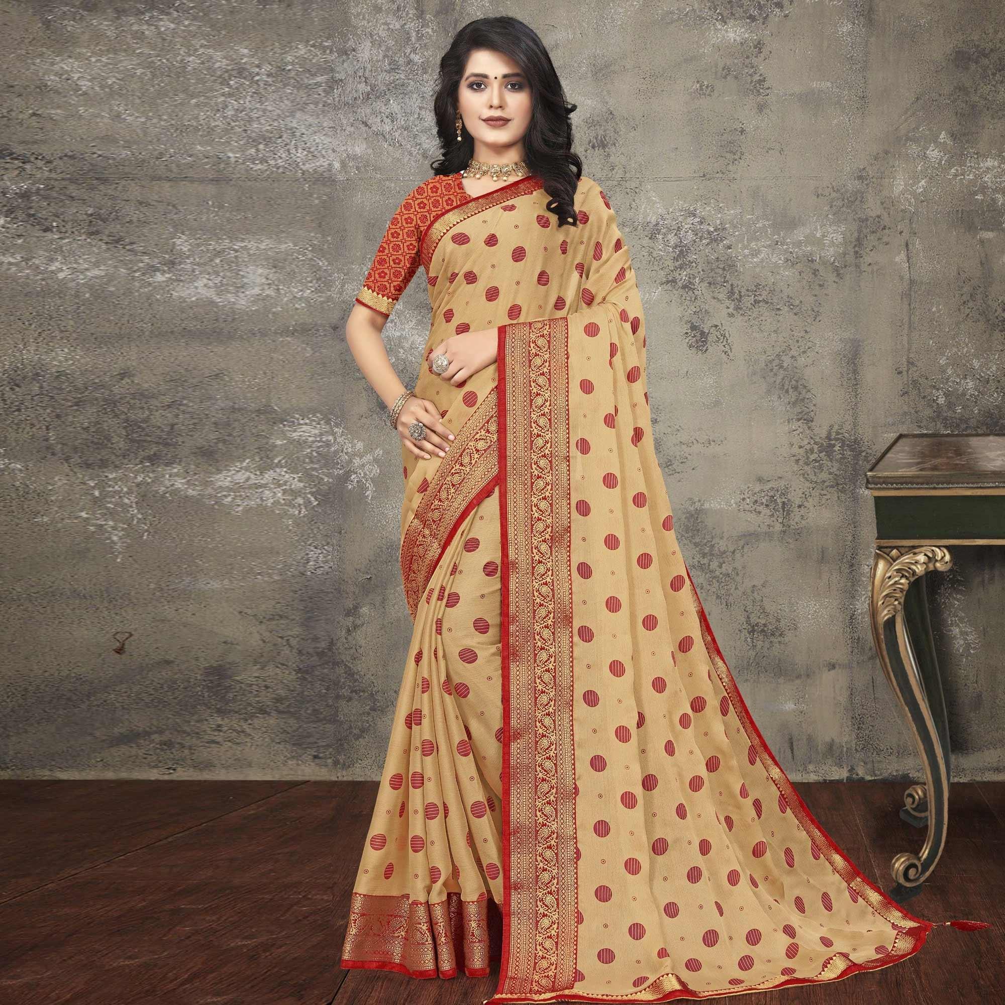 Beige Woven Vichitra Silk Saree - Peachmode