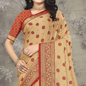Beige Woven Vichitra Silk Saree - Peachmode