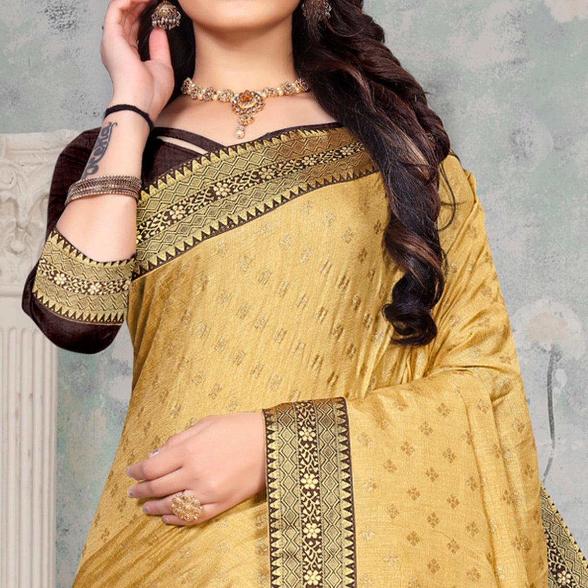 Beige Woven Vichitra Silk Saree - Peachmode