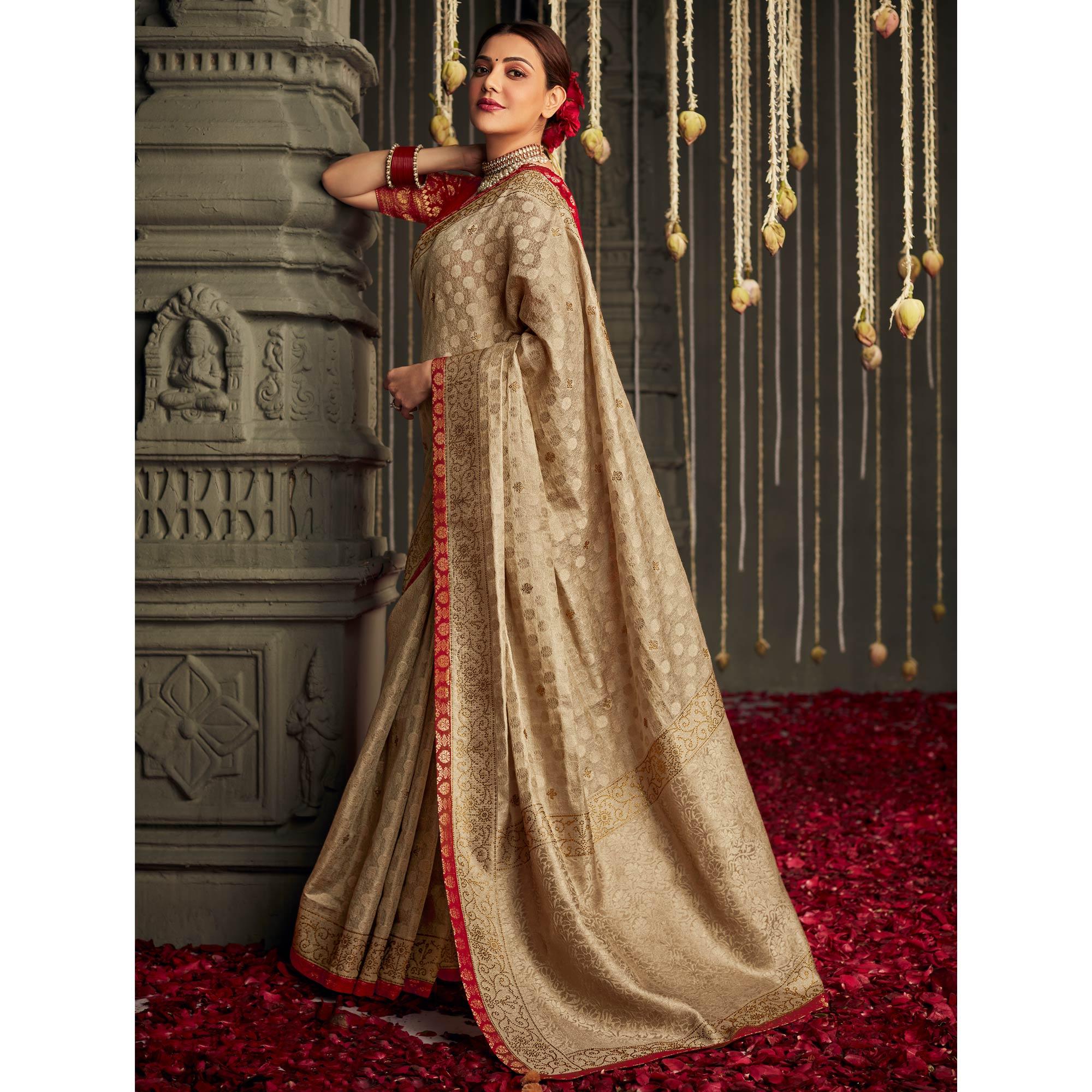 Beige Woven With Embellished Art Silk Saree With Tassels - Peachmode