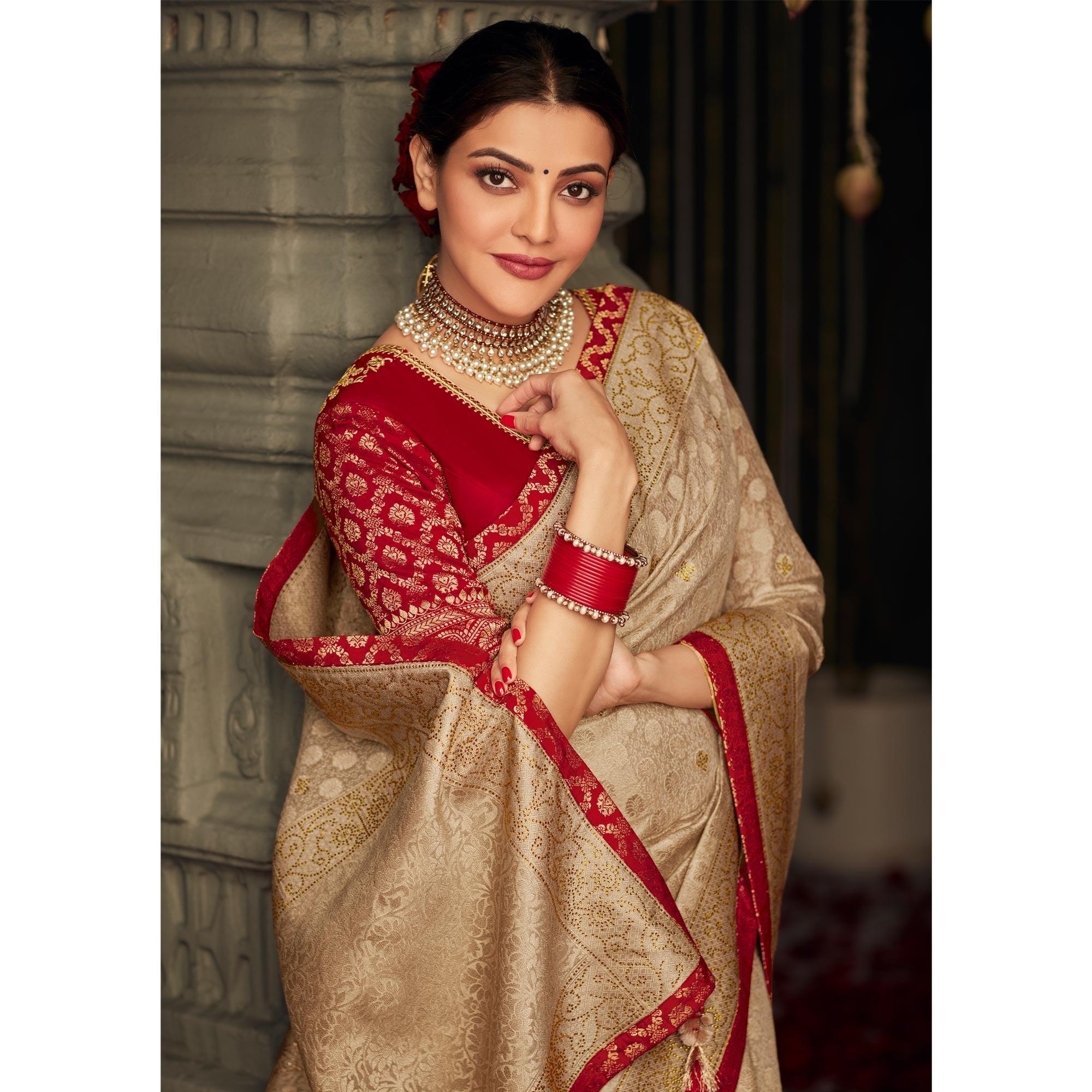 Beige Woven With Embellished Art Silk Saree With Tassels - Peachmode