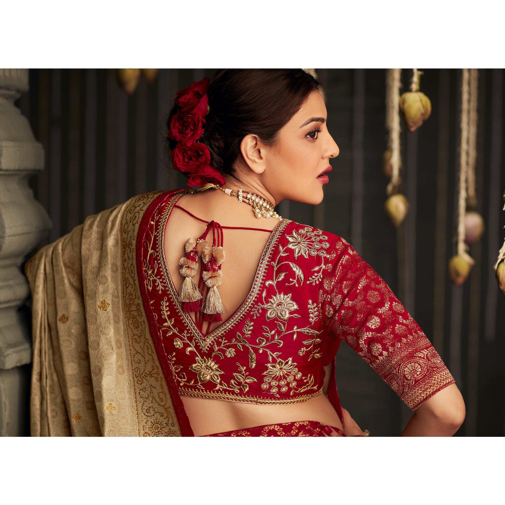 Beige Woven With Embellished Art Silk Saree With Tassels - Peachmode