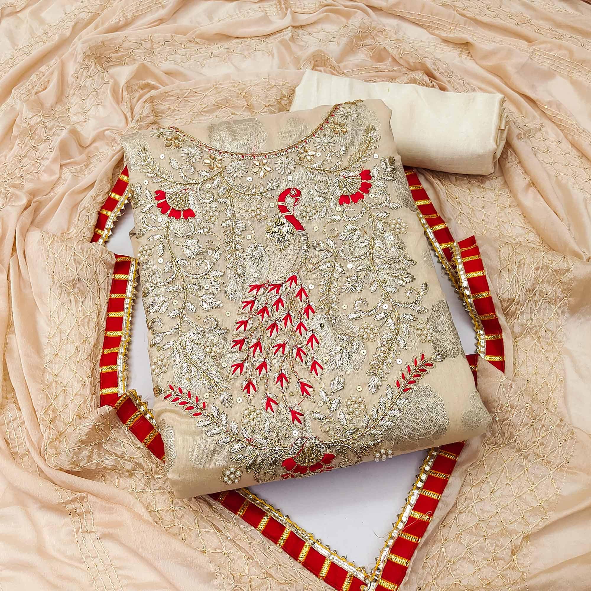 Beige Woven With Embellished Jacquard Dress Material - Peachmode